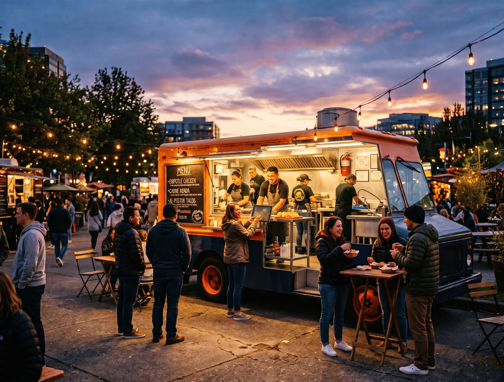 Food truck team serving guests on an eatOS terminal