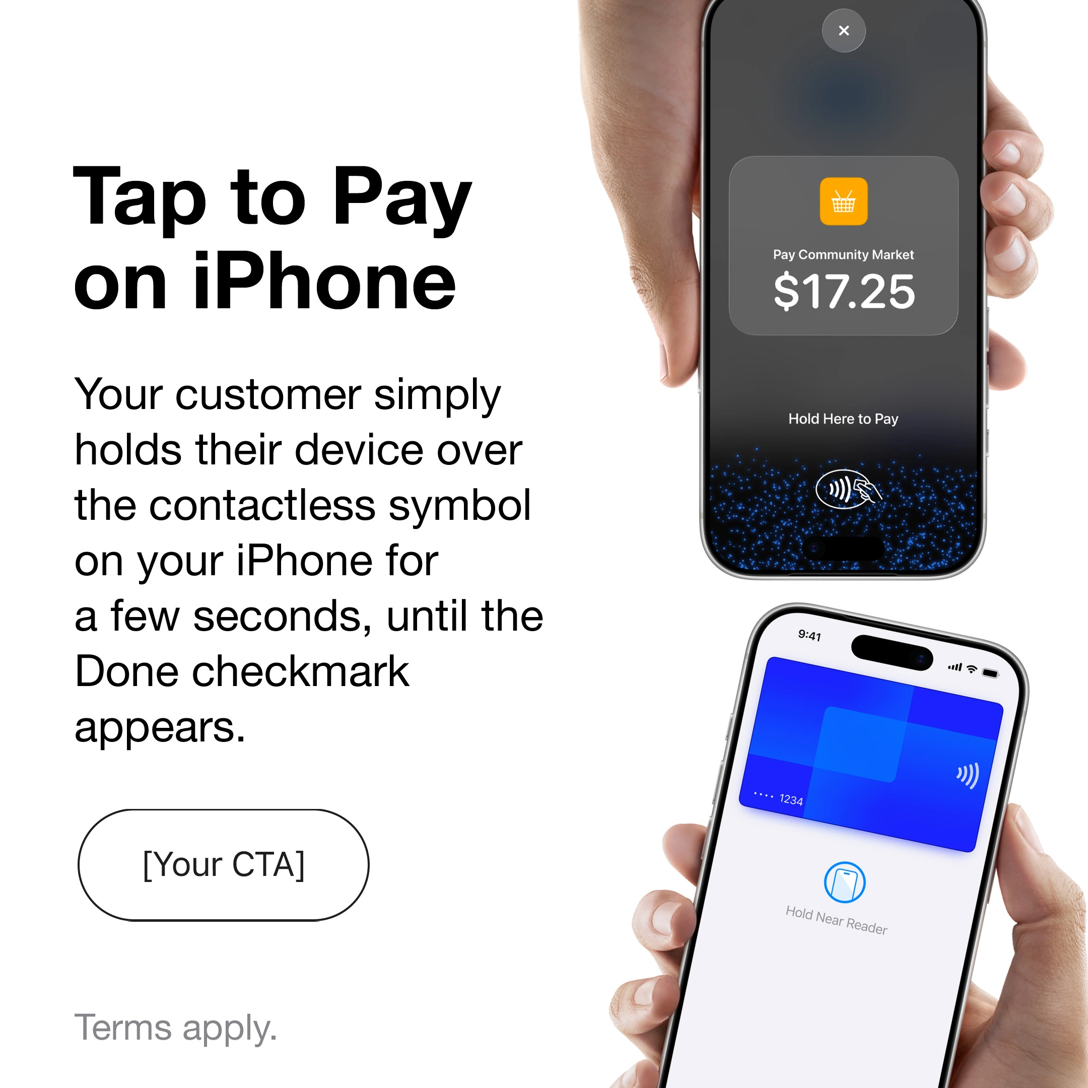 How to use Tap to Pay on iPhone with Apple Pay, iPhone to iPhone, from the Apple marketing toolkit.