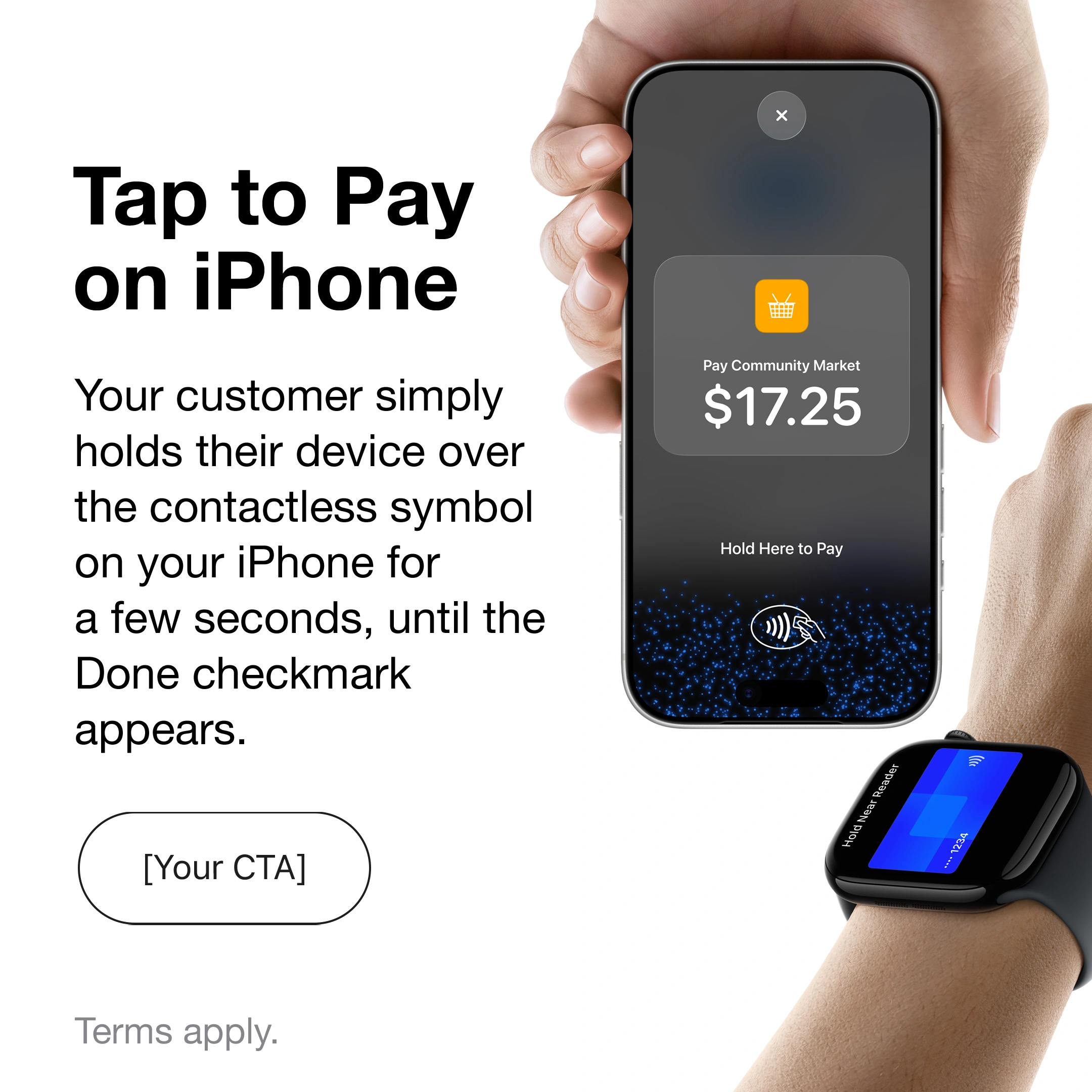 How to use Tap to Pay on iPhone with Apple Pay, Apple Watch to iPhone, from the Apple marketing toolkit.