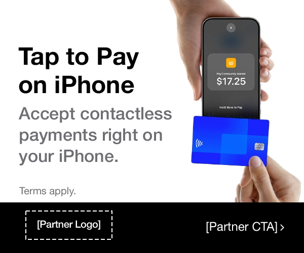 Tap to Pay on iPhone hero, contactless card to iPhone, from the Apple marketing toolkit.